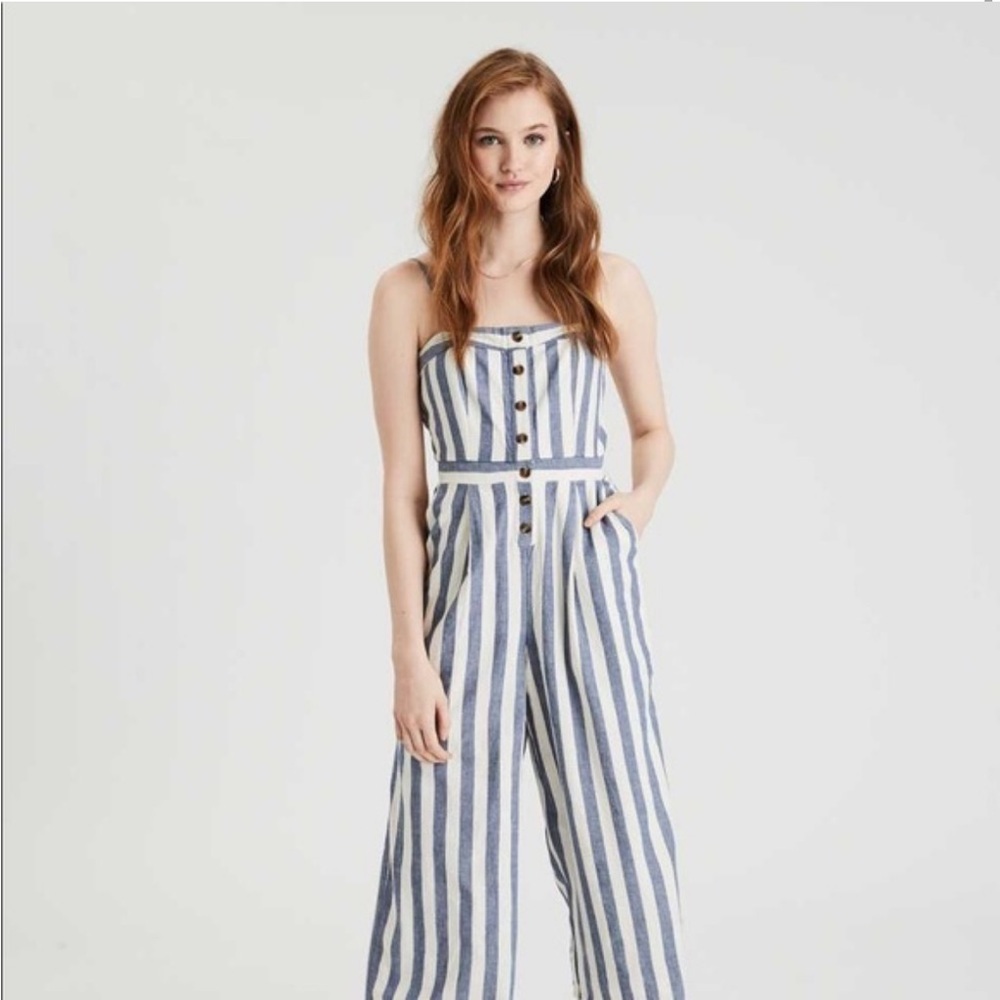 American‎ Eagle blue and white stripe jumpsuit